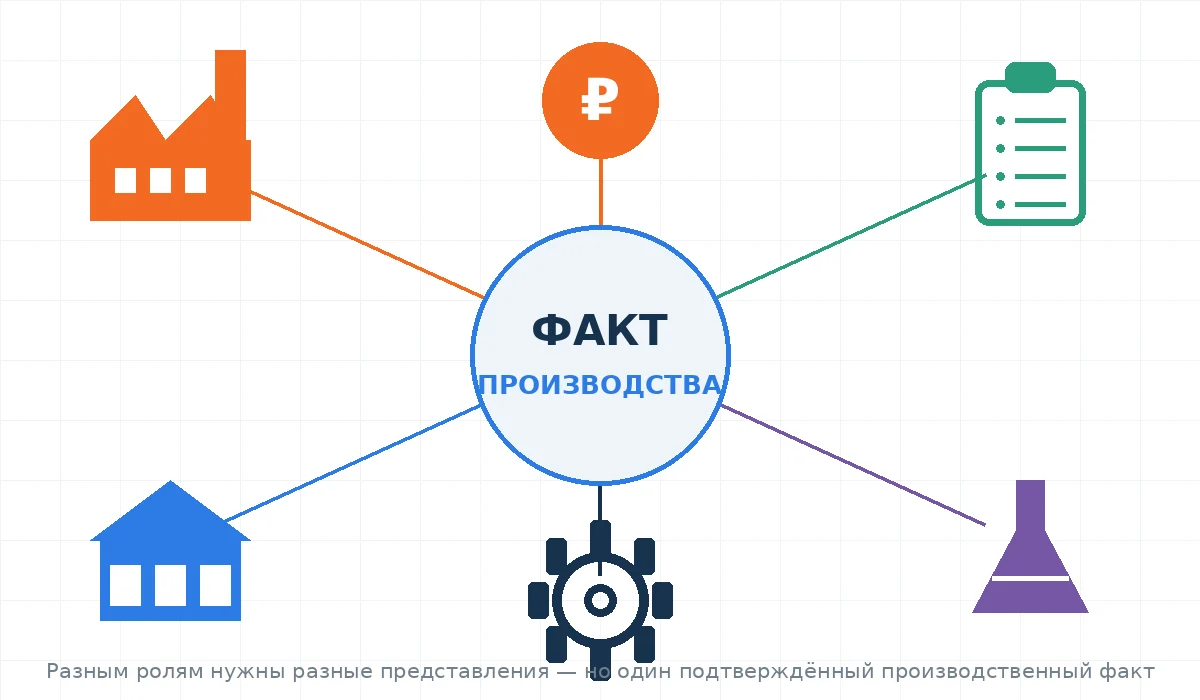 Схема команды внедрения ERP: производство, технолог, склад, качество, экономика и ИТ вокруг единого производственного факта