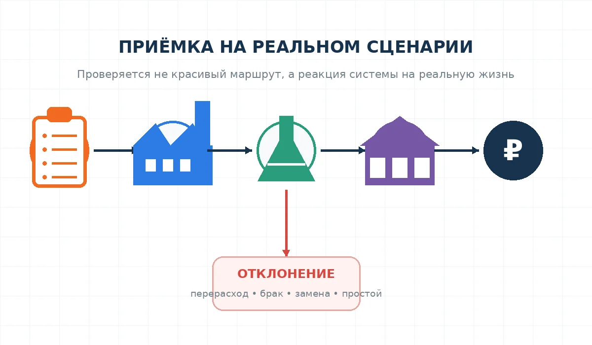 Схема проверки ERP на реальном производственном сценарии с отклонениями и фактическим результатом